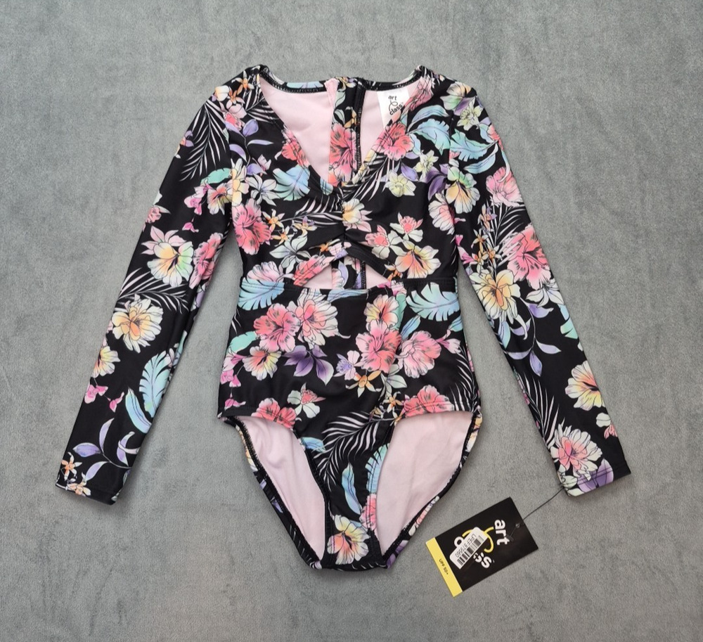 Art Class Girls Long Sleeve Floral One Piece Keyhole Swimsuit XS 4/5 Tropical